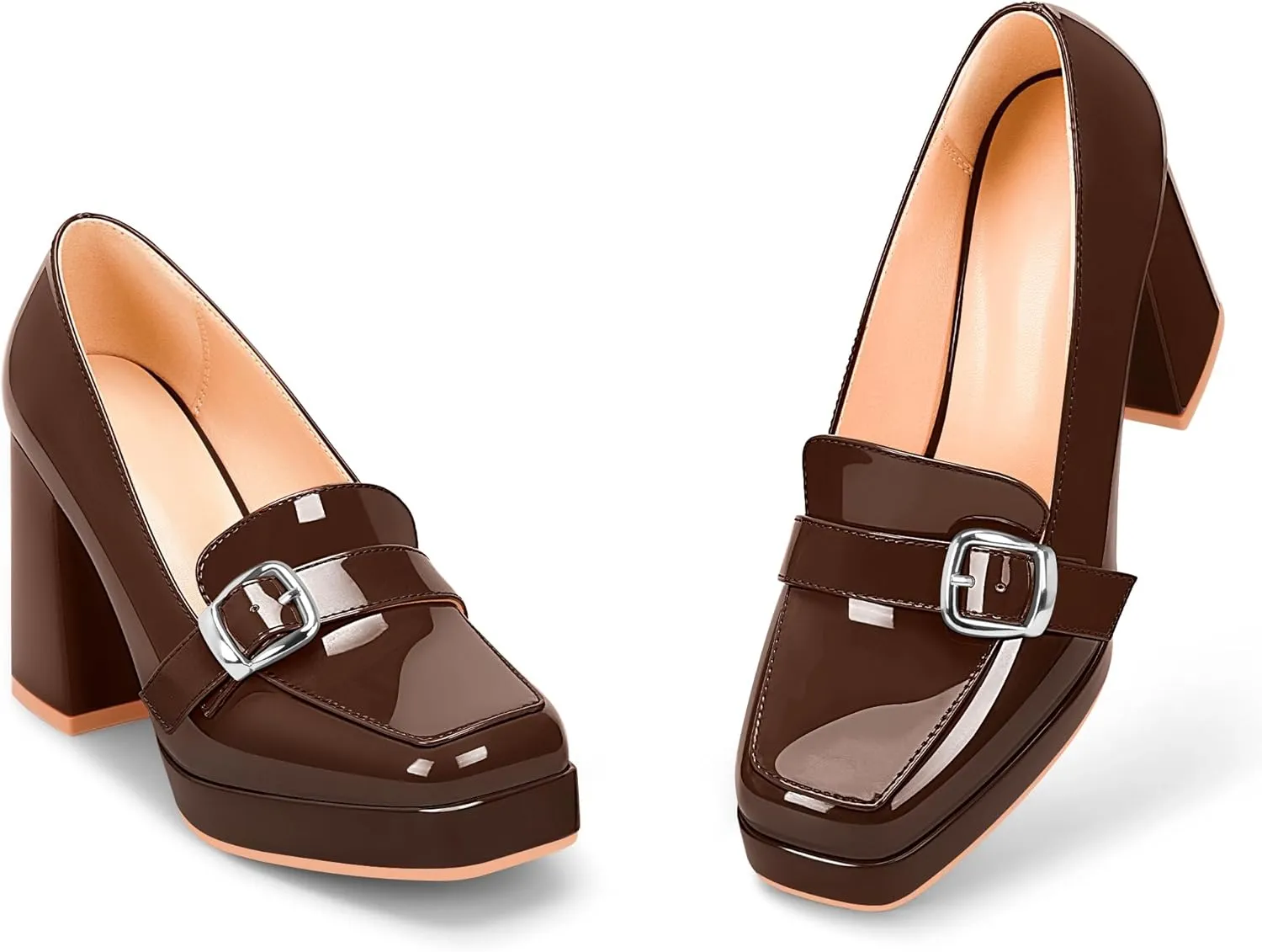 Women's Platform Chunky High Heel Loafers Patent Leather Buckle Pumps Office Dress Shoes