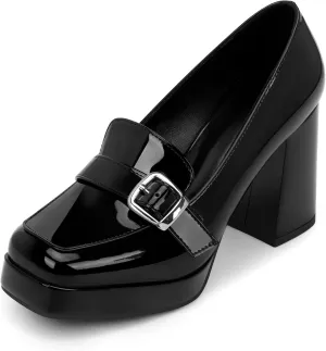 Women's Platform Chunky High Heel Loafers Patent Leather Buckle Pumps Office Dress Shoes
