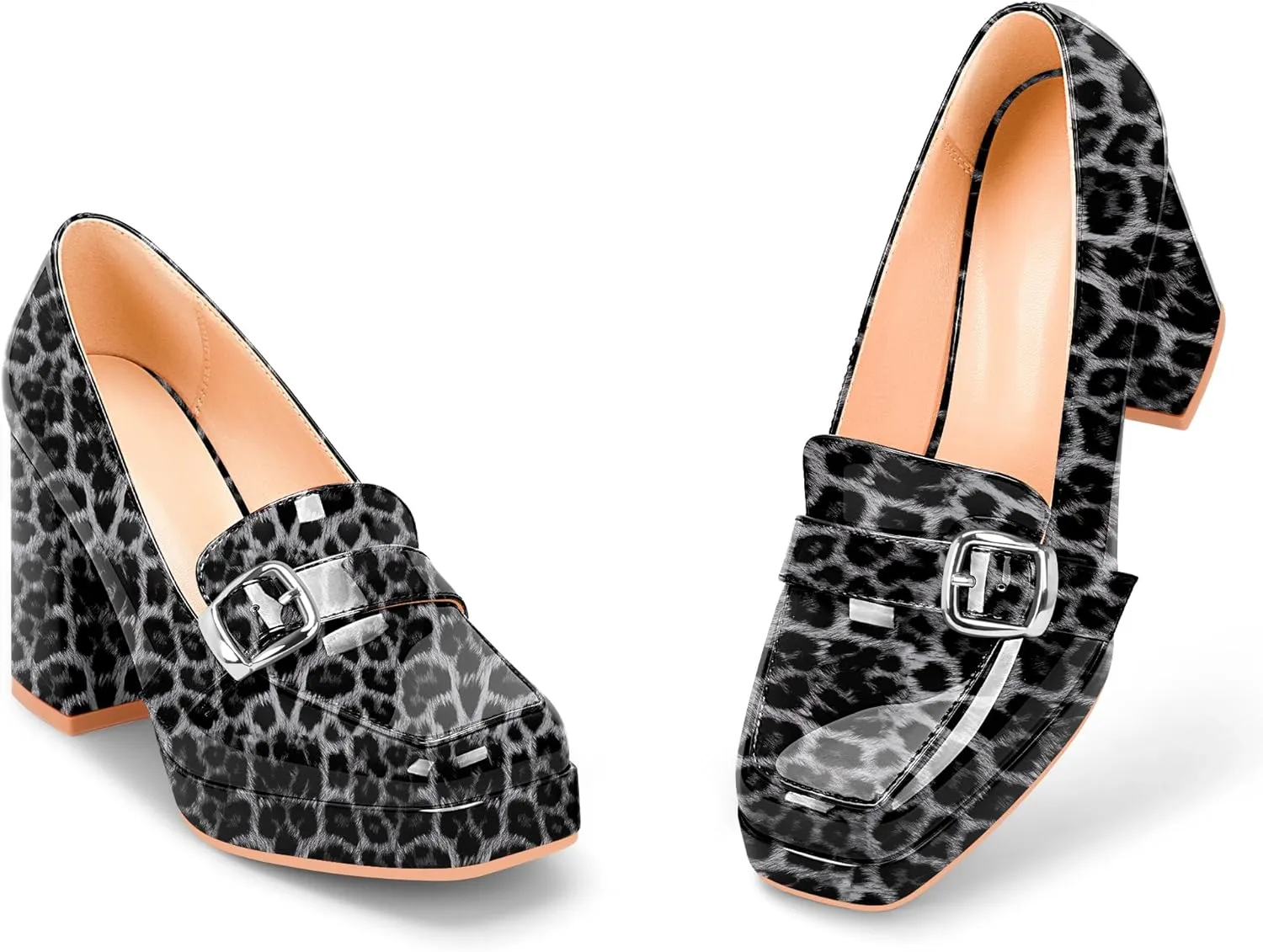 Women's Platform Chunky High Heel Loafers Patent Leather Buckle Pumps Office Dress Shoes