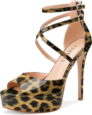Women's Platform Stiletto High Heels Peep Open Toe Crisscross Stilettos Strappy Sandals Heeled Spring Summer Sandals for Ladies Comfy 5 Inch