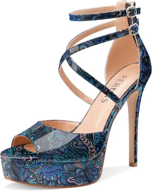 Women's Platform Stiletto High Heels Peep Open Toe Crisscross Stilettos Strappy Sandals Heeled Spring Summer Sandals for Ladies Comfy 5 Inch