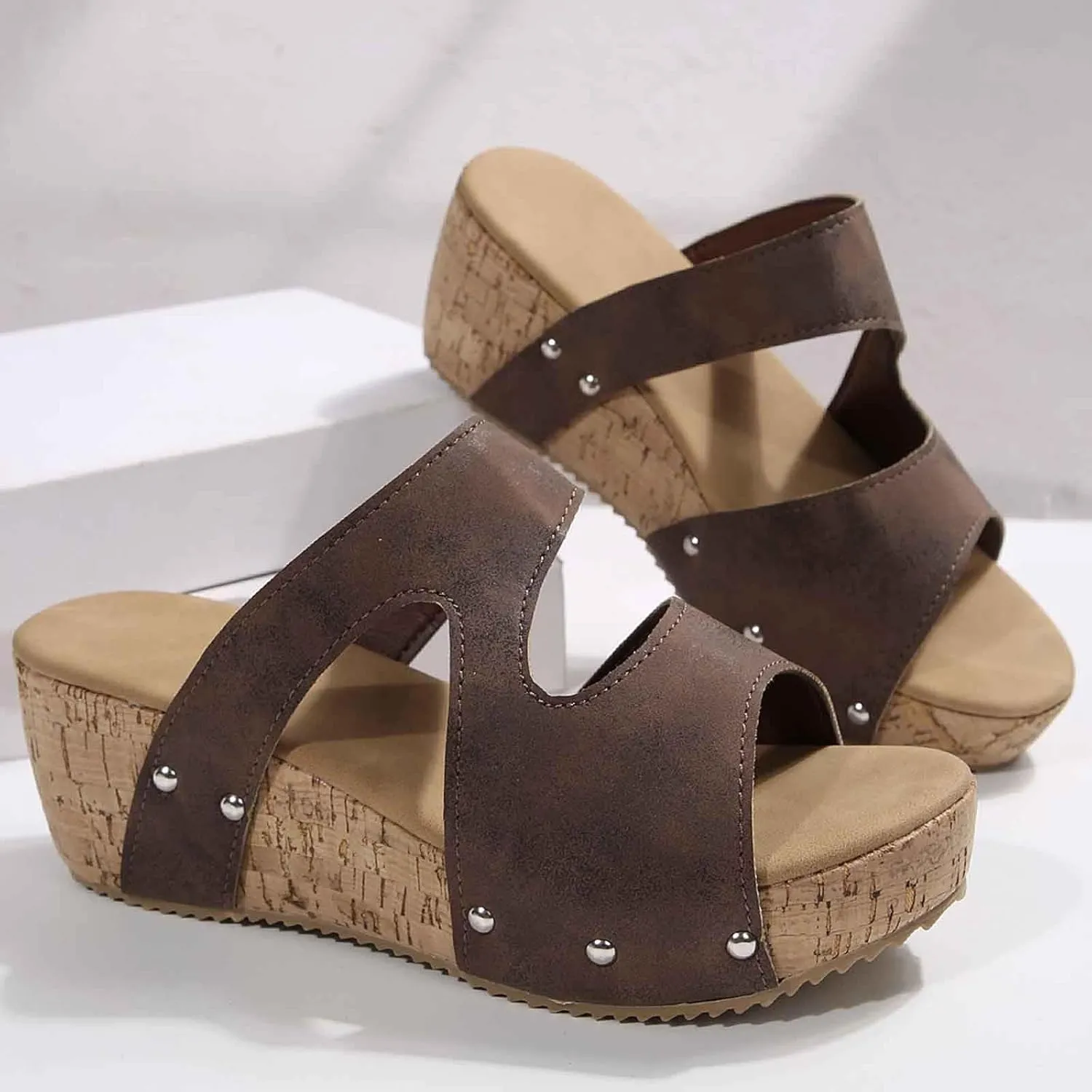 Women's Platform Wedge Sandals Open Toe Summer Slippers Casual Comfortable Thick Sole Leather Slides for Walking