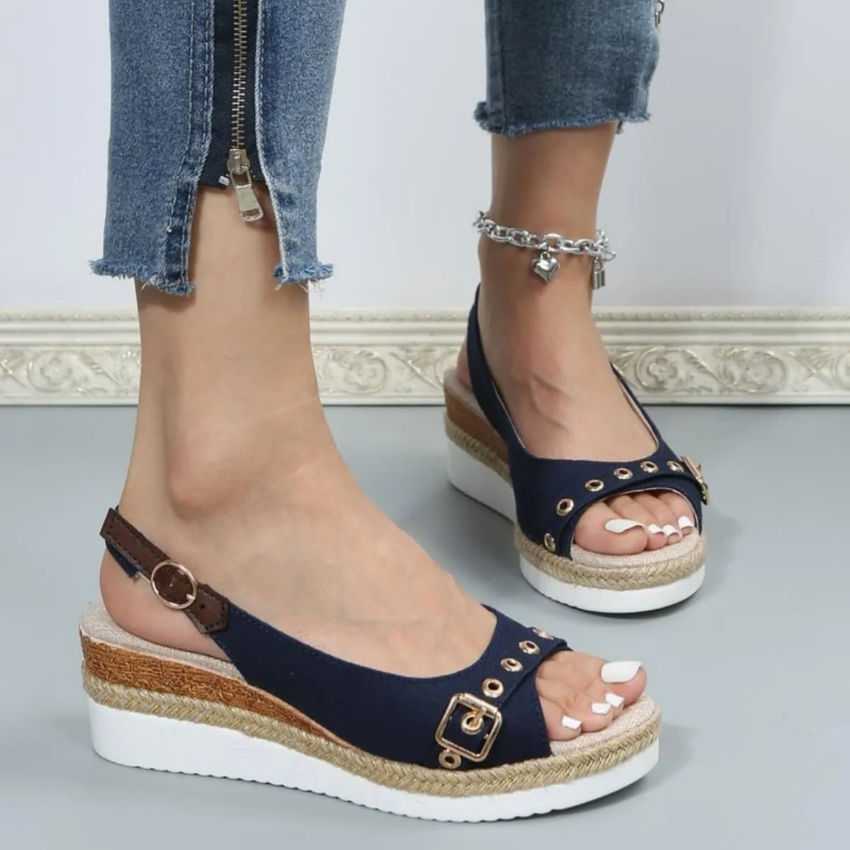Women's Platform Wedges Sandals Open Toe Slingback Espadrilles Cute Slip-on High Heels with Adjustable Buckle Ankle Strap Summer Dressy Shoes Boho Casual Beach Comfortable Walking Sandals