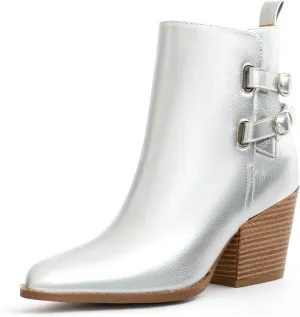 Womens Pointed Toe Ankle Boots Two Buckle Straps Fashion Dating Dress 3 Inch Chunky Block Mid Heel Booties with Zip