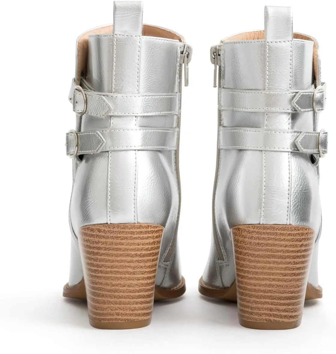 Womens Pointed Toe Ankle Boots Two Buckle Straps Fashion Dating Dress 3 Inch Chunky Block Mid Heel Booties with Zip
