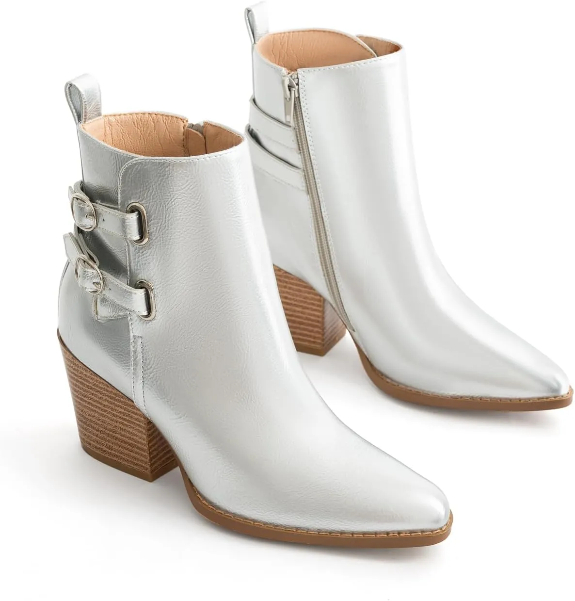 Womens Pointed Toe Ankle Boots Two Buckle Straps Fashion Dating Dress 3 Inch Chunky Block Mid Heel Booties with Zip