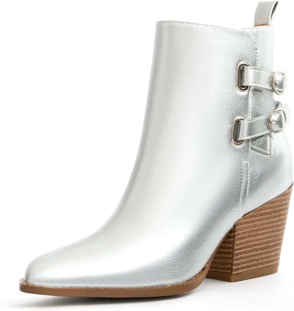 Womens Pointed Toe Ankle Boots Two Buckle Straps Fashion Dating Dress 3 Inch Chunky Block Mid Heel Booties with Zip