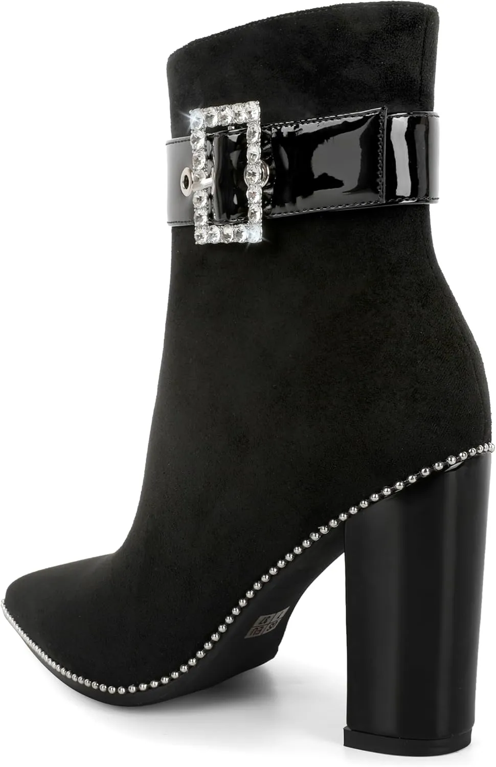Womens Pointed Toe Beaded Ankle Boots Side Zipper 3.7 Inches Chunky High Heel Strap Buckle Short Boots
