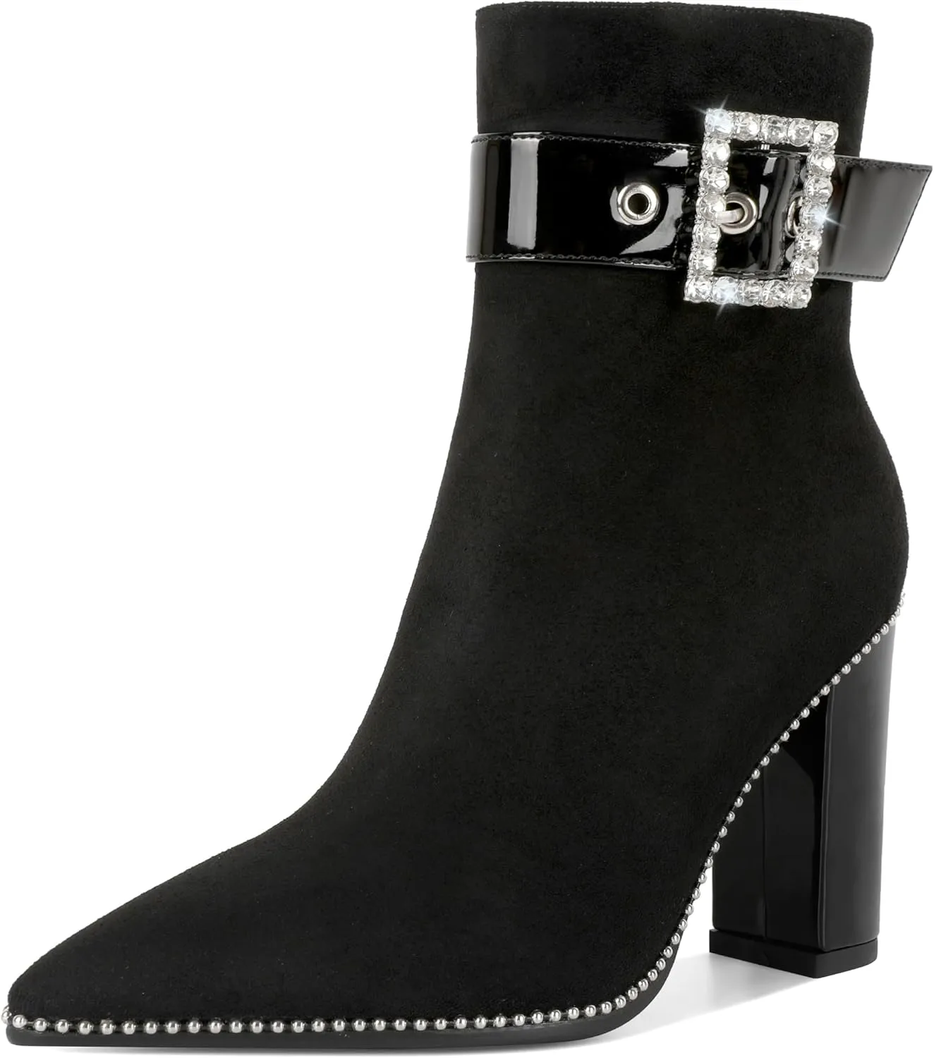 Womens Pointed Toe Beaded Ankle Boots Side Zipper 3.7 Inches Chunky High Heel Strap Buckle Short Boots