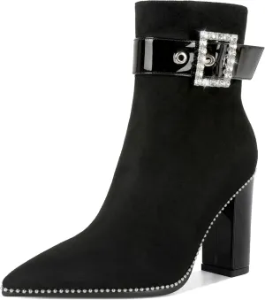 Womens Pointed Toe Beaded Ankle Boots Side Zipper 3.7 Inches Chunky High Heel Strap Buckle Short Boots