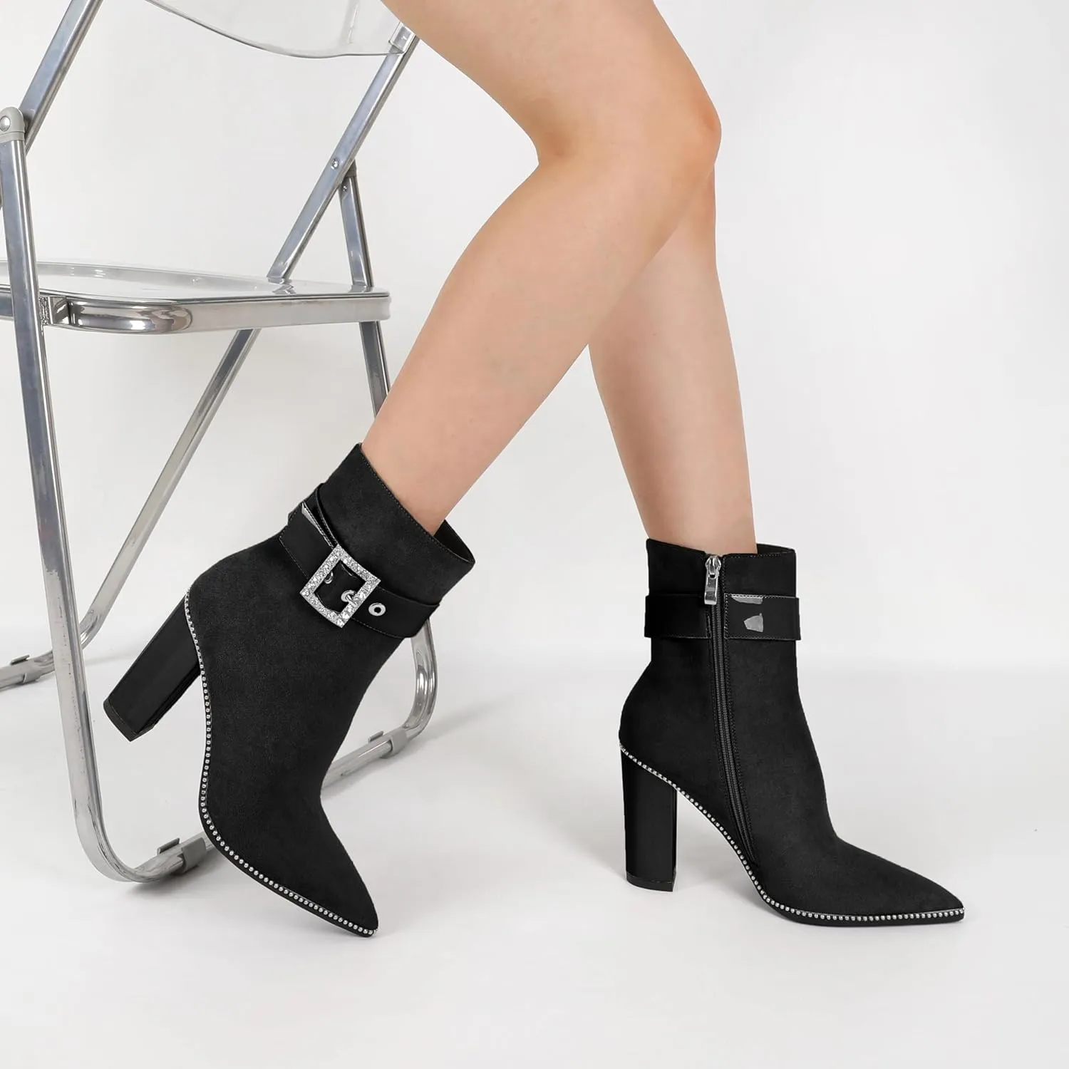 Womens Pointed Toe Beaded Ankle Boots Side Zipper 3.7 Inches Chunky High Heel Strap Buckle Short Boots