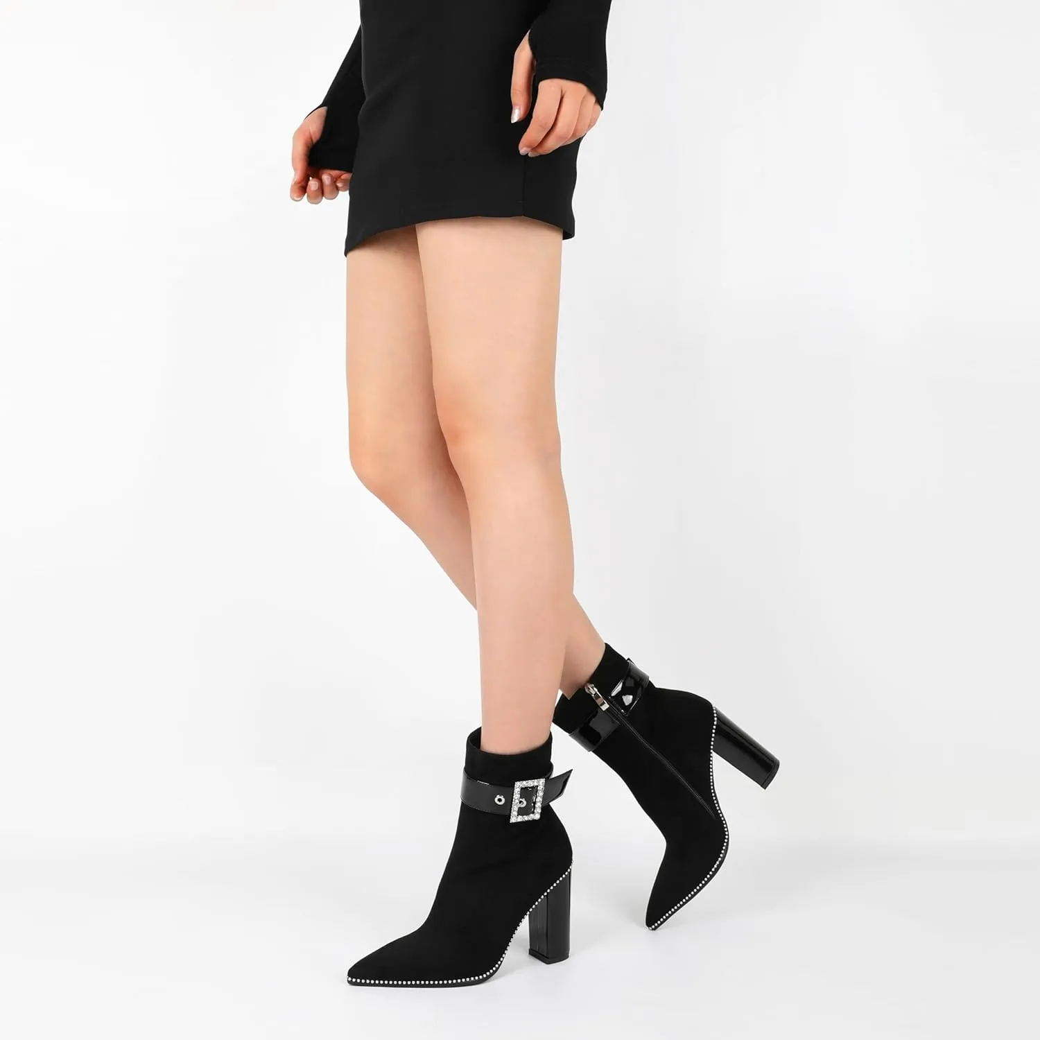 Womens Pointed Toe Beaded Ankle Boots Side Zipper 3.7 Inches Chunky High Heel Strap Buckle Short Boots