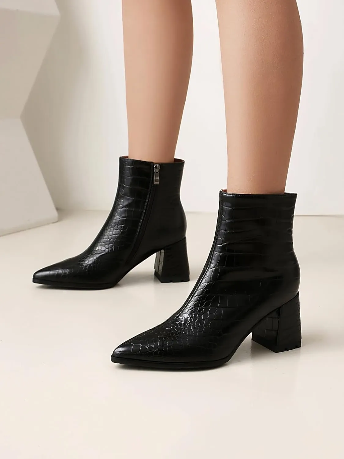 Women's Pointed Toe Boots Block Chunky Heel Ankle Booties