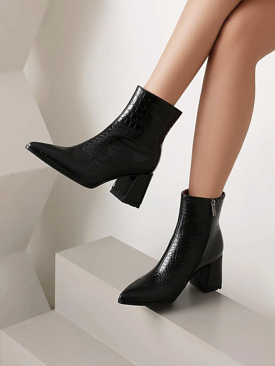 Women's Pointed Toe Boots Block Chunky Heel Ankle Booties