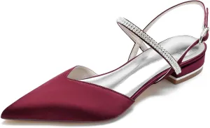 Women's Pointed Toe Crystal Wedding Flats for Bride Comfortable Satin White Wedding Shoes Low Heels Ankle Strap Bridal Flats Evening Prom Party Dress Shoes Pumps