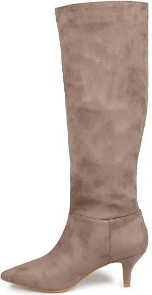 Women's Pointed Toe High Heel Fashion Knee High Boots Stretchy Wide Calf Mid Heel Long Boot