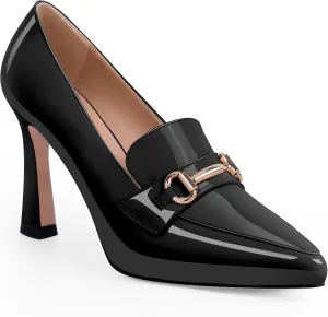 Women's Pointed Toe High Heel Pumps Comfortable Slip On Patent Leather Platform Loafers Metal Decoration Office Dressy Casual Shoes