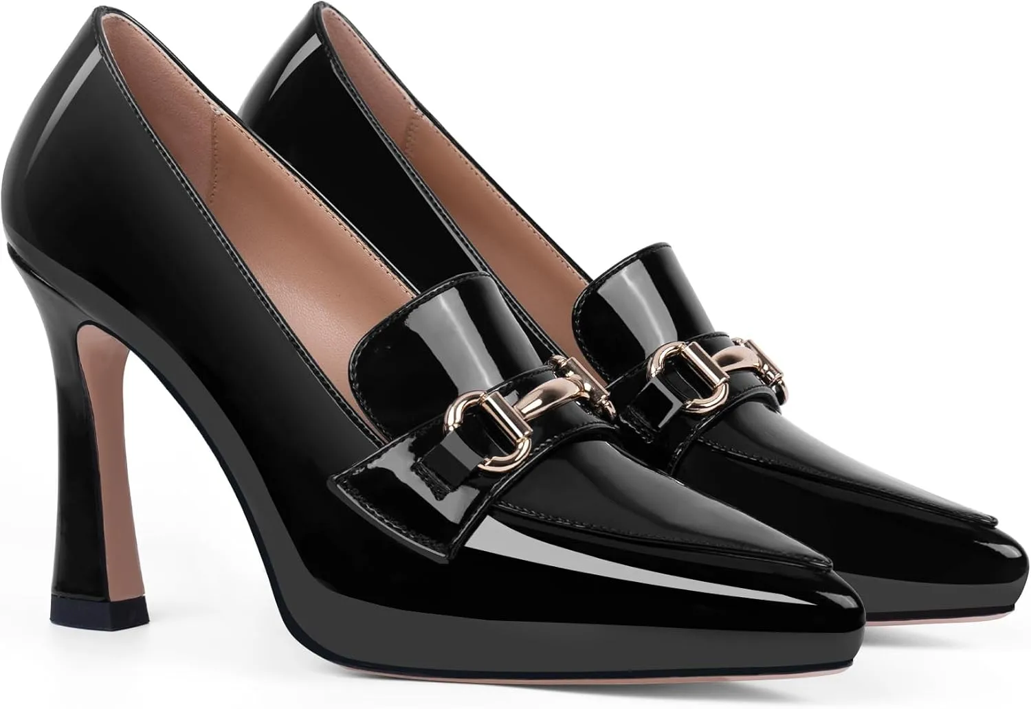 Women's Pointed Toe High Heel Pumps Comfortable Slip On Patent Leather Platform Loafers Metal Decoration Office Dressy Casual Shoes