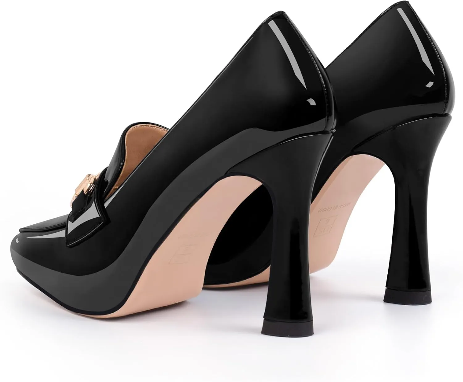 Women's Pointed Toe High Heel Pumps Comfortable Slip On Patent Leather Platform Loafers Metal Decoration Office Dressy Casual Shoes