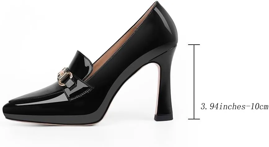 Women's Pointed Toe High Heel Pumps Comfortable Slip On Patent Leather Platform Loafers Metal Decoration Office Dressy Casual Shoes