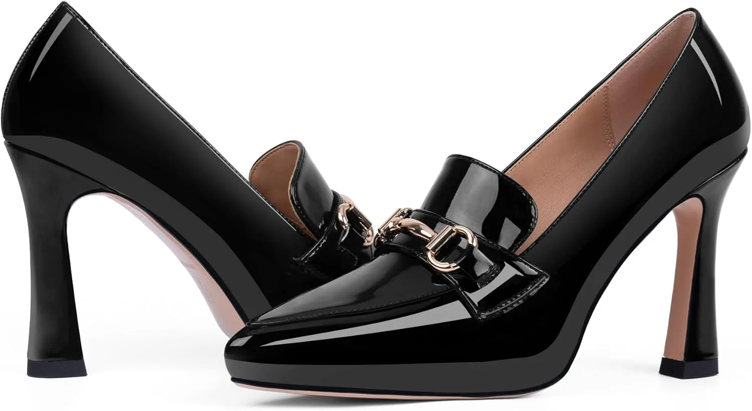 Women's Pointed Toe High Heel Pumps Comfortable Slip On Patent Leather Platform Loafers Metal Decoration Office Dressy Casual Shoes
