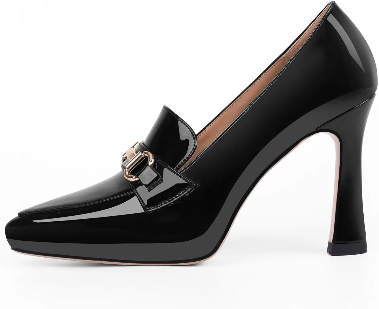 Women's Pointed Toe High Heel Pumps Comfortable Slip On Patent Leather Platform Loafers Metal Decoration Office Dressy Casual Shoes