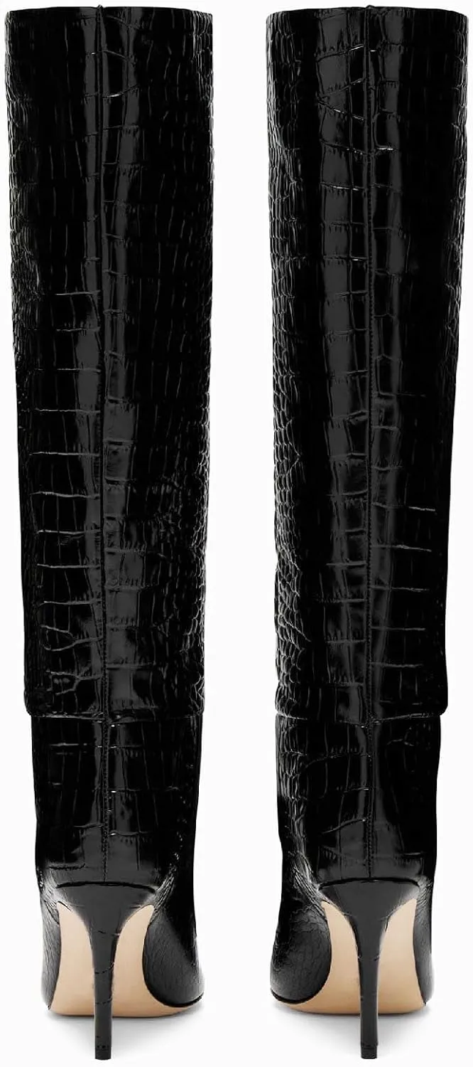 Women's Pointed Toe High Stiletto Heel Knee High Boots 3.94Inch/10cm Fashion Crocodile Calf Width Pull On High Heel Tall Boots Fall Winter Dressy Long Boots for Women