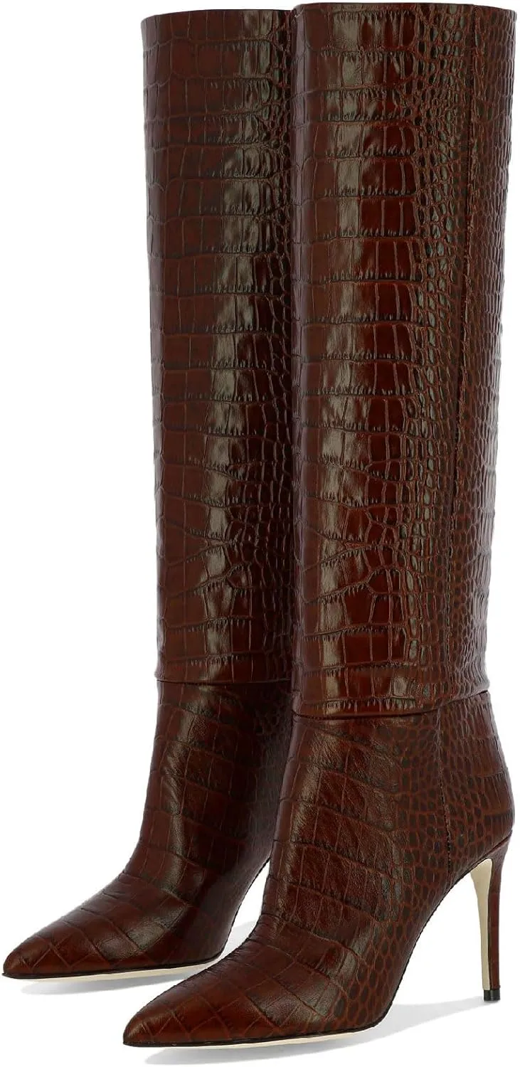 Women's Pointed Toe High Stiletto Heel Knee High Boots 3.94Inch/10cm Fashion Crocodile Calf Width Pull On High Heel Tall Boots Fall Winter Dressy Long Boots for Women