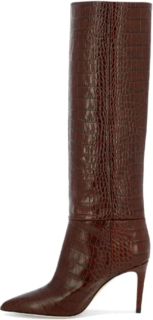 Women's Pointed Toe High Stiletto Heel Knee High Boots 3.94Inch/10cm Fashion Crocodile Calf Width Pull On High Heel Tall Boots Fall Winter Dressy Long Boots for Women