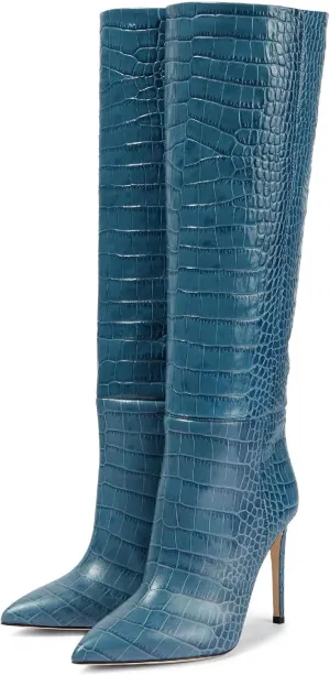 Women's Pointed Toe High Stiletto Heel Knee High Boots 3.94Inch/10cm Fashion Crocodile Calf Width Pull On High Heel Tall Boots Fall Winter Dressy Long Boots for Women