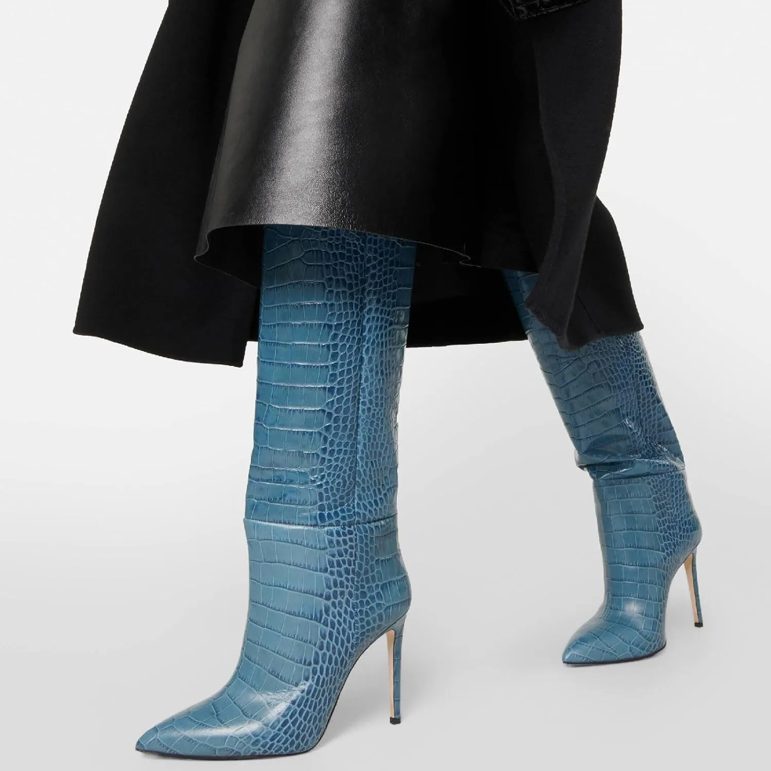 Women's Pointed Toe High Stiletto Heel Knee High Boots 3.94Inch/10cm Fashion Crocodile Calf Width Pull On High Heel Tall Boots Fall Winter Dressy Long Boots for Women
