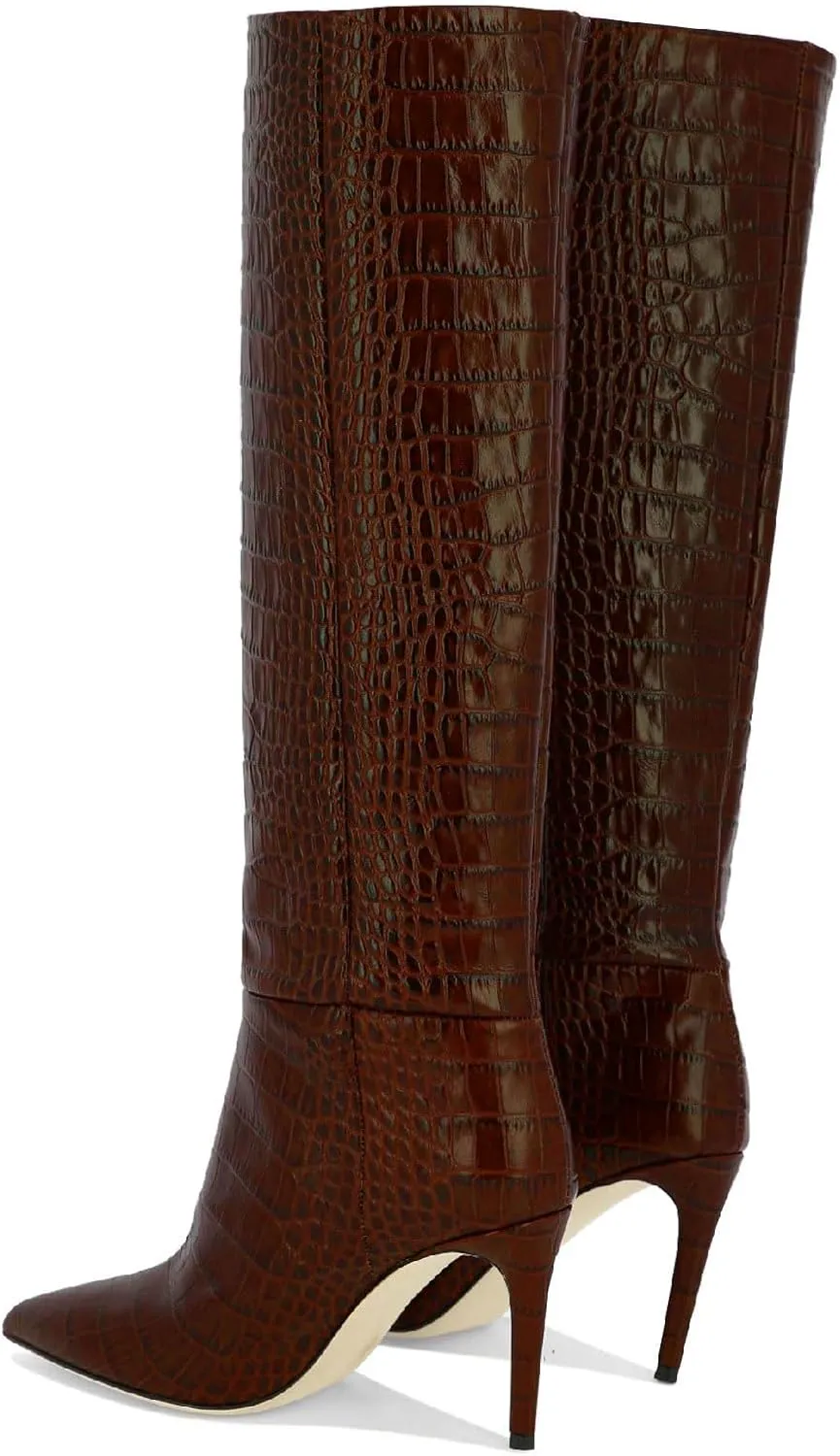Women's Pointed Toe High Stiletto Heel Knee High Boots 3.94Inch/10cm Fashion Crocodile Calf Width Pull On High Heel Tall Boots Fall Winter Dressy Long Boots for Women