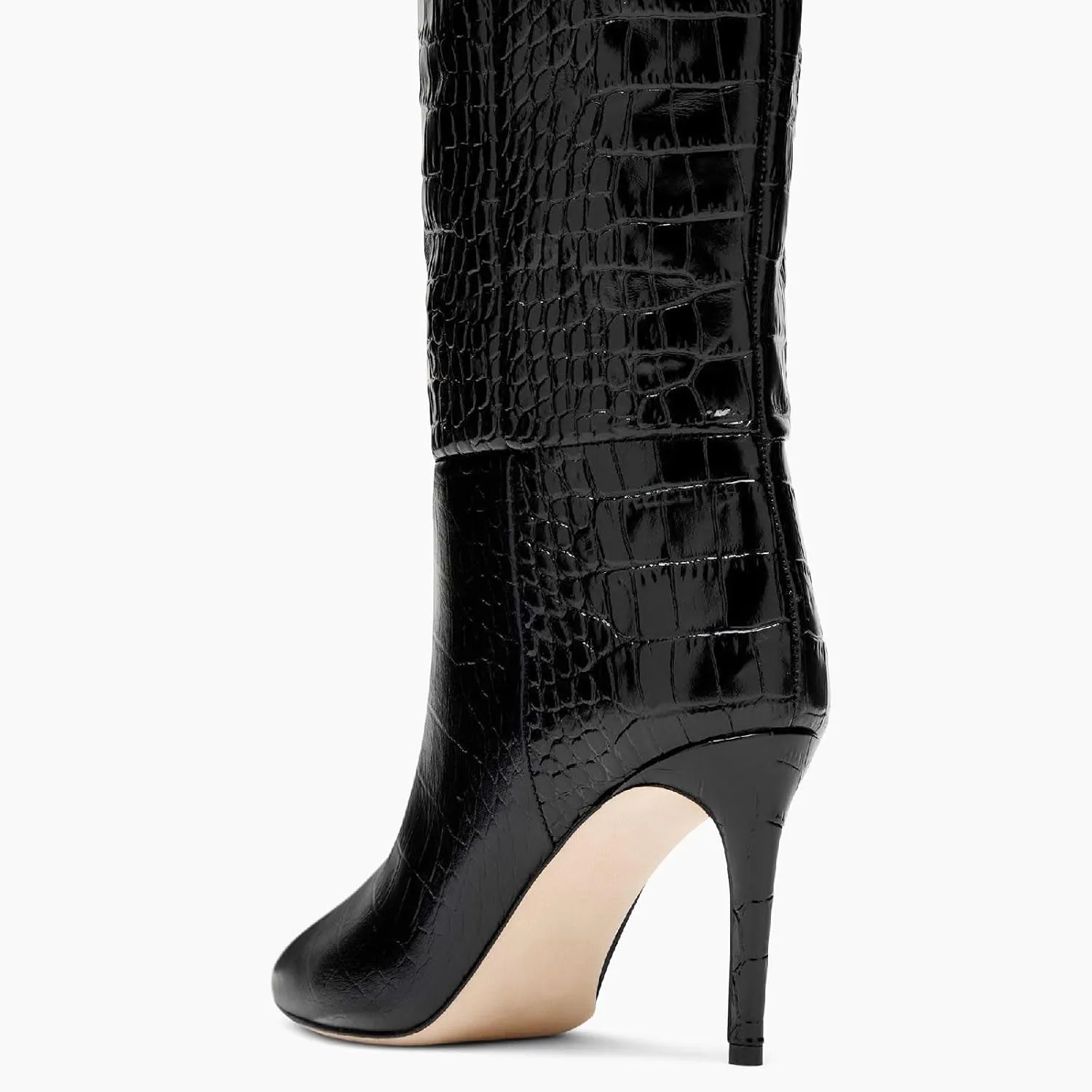 Women's Pointed Toe High Stiletto Heel Knee High Boots 3.94Inch/10cm Fashion Crocodile Calf Width Pull On High Heel Tall Boots Fall Winter Dressy Long Boots for Women