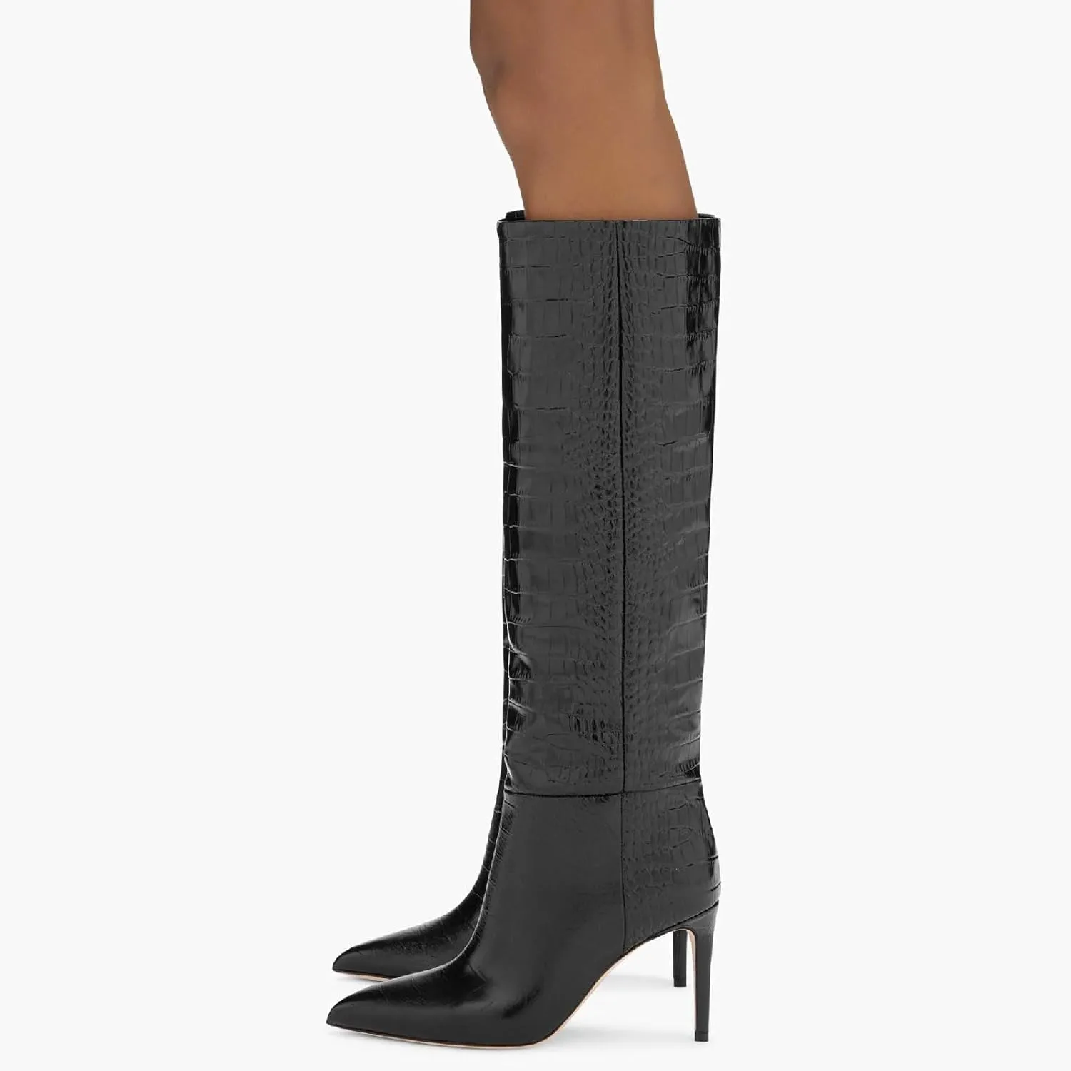 Women's Pointed Toe High Stiletto Heel Knee High Boots 3.94Inch/10cm Fashion Crocodile Calf Width Pull On High Heel Tall Boots Fall Winter Dressy Long Boots for Women
