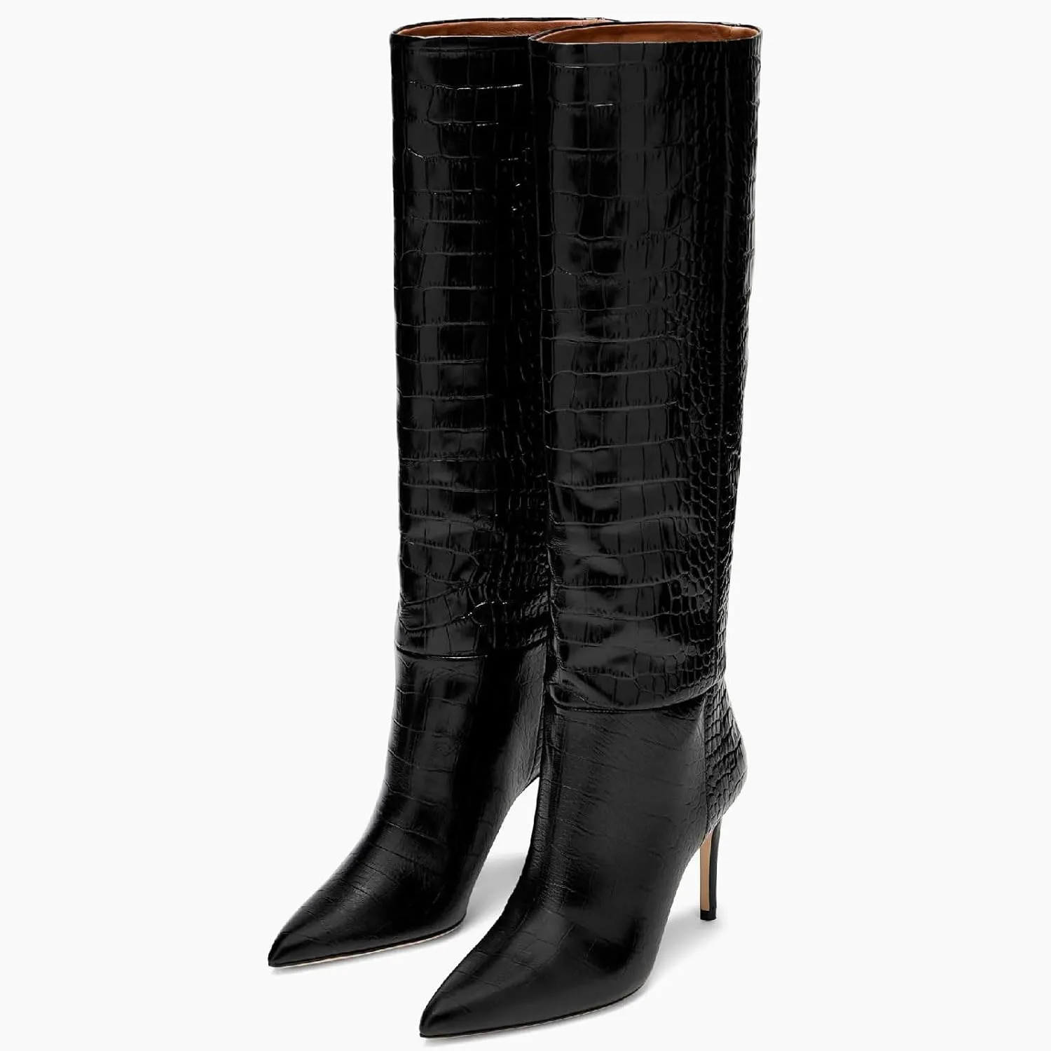 Women's Pointed Toe High Stiletto Heel Knee High Boots 3.94Inch/10cm Fashion Crocodile Calf Width Pull On High Heel Tall Boots Fall Winter Dressy Long Boots for Women