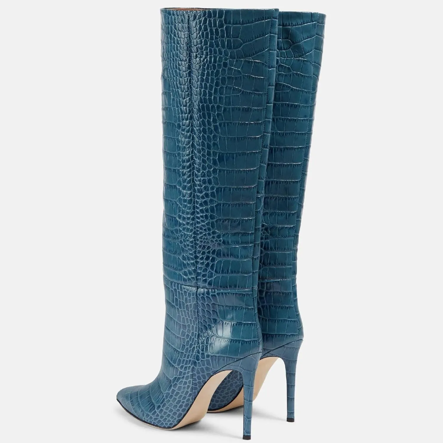 Women's Pointed Toe High Stiletto Heel Knee High Boots 3.94Inch/10cm Fashion Crocodile Calf Width Pull On High Heel Tall Boots Fall Winter Dressy Long Boots for Women