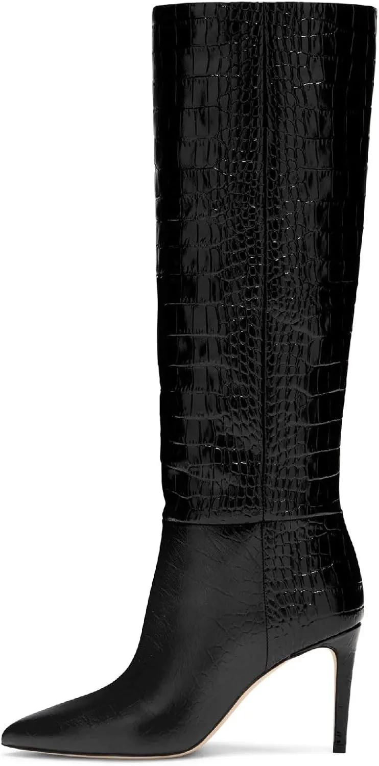 Women's Pointed Toe High Stiletto Heel Knee High Boots 3.94Inch/10cm Fashion Crocodile Calf Width Pull On High Heel Tall Boots Fall Winter Dressy Long Boots for Women