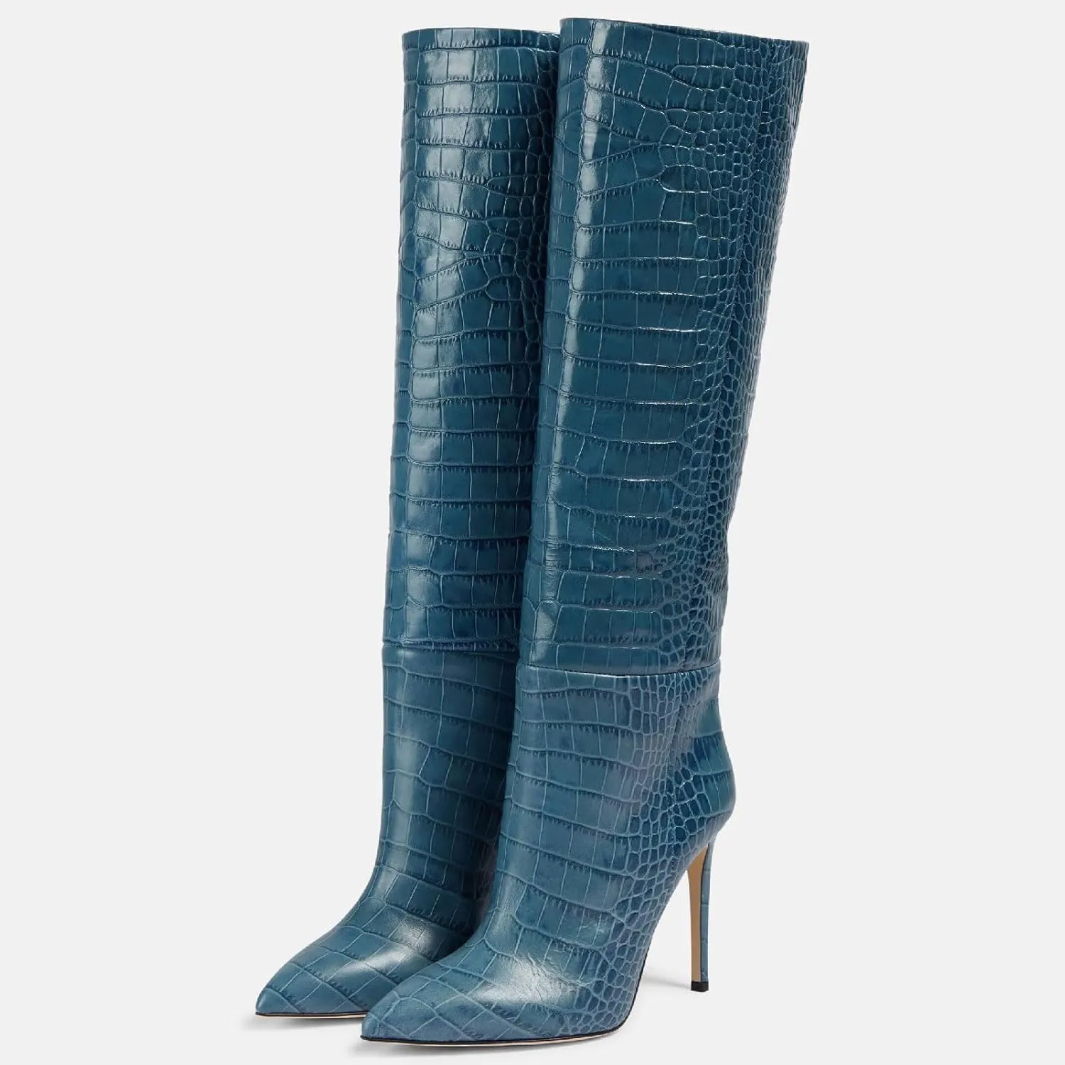 Women's Pointed Toe High Stiletto Heel Knee High Boots 3.94Inch/10cm Fashion Crocodile Calf Width Pull On High Heel Tall Boots Fall Winter Dressy Long Boots for Women