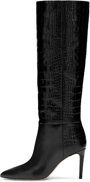 Women's Pointed Toe High Stiletto Heel Knee High Boots 3.94Inch/10cm Fashion Crocodile Calf Width Pull On High Heel Tall Boots Fall Winter Dressy Long Boots for Women