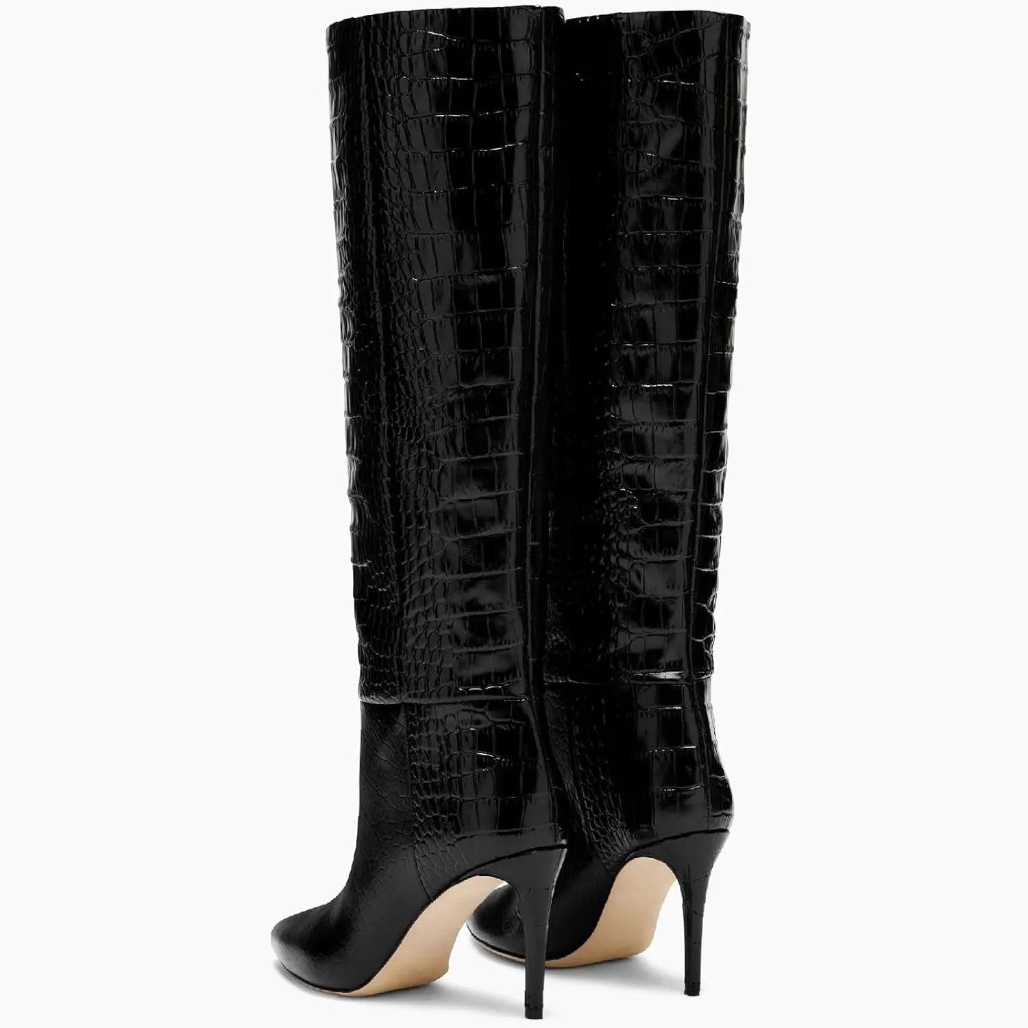 Women's Pointed Toe High Stiletto Heel Knee High Boots 3.94Inch/10cm Fashion Crocodile Calf Width Pull On High Heel Tall Boots Fall Winter Dressy Long Boots for Women