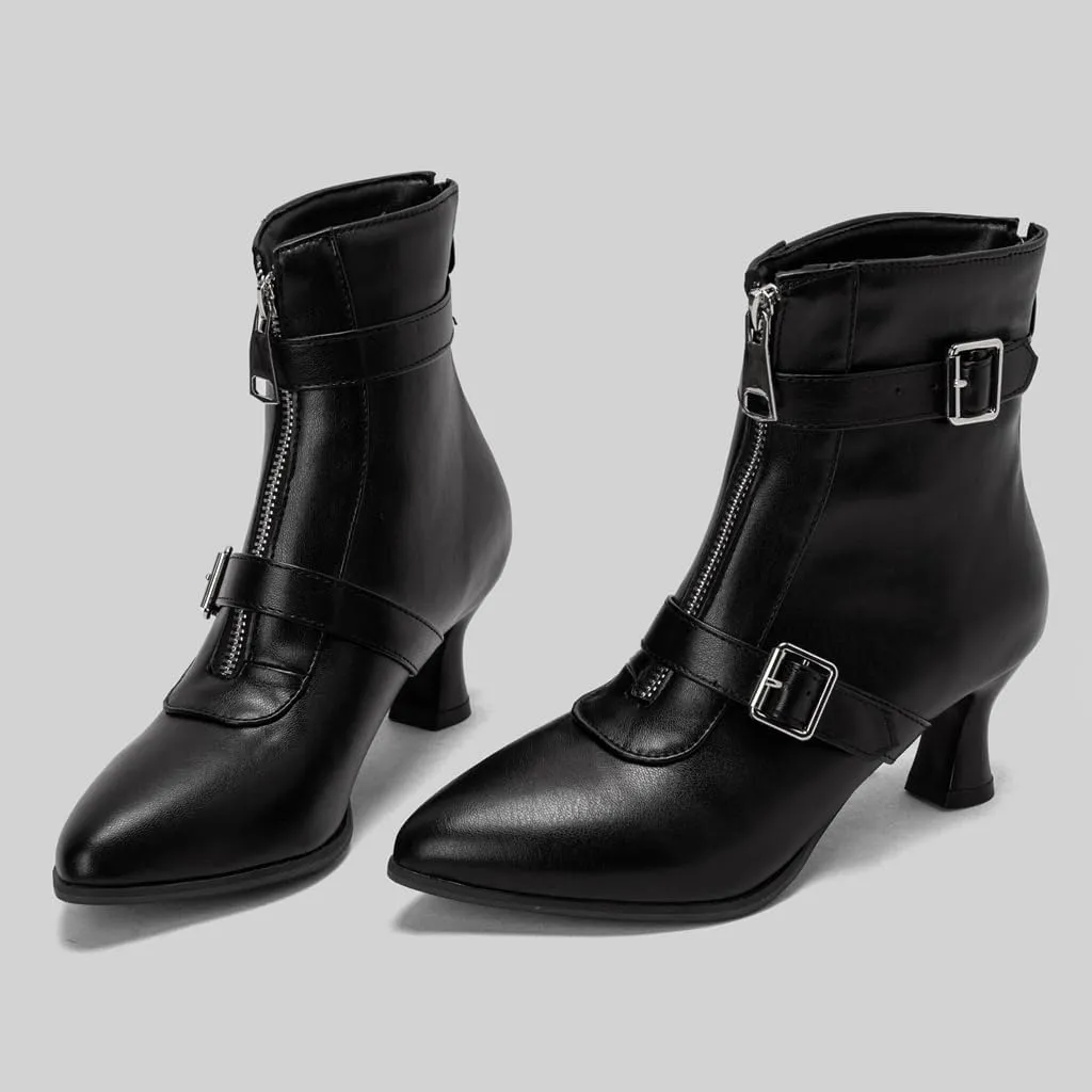 Women's Pointed Toe Kitten Low Heels Ankle Booties Buckle Zipper Winter Elegant Dressy Short Boots