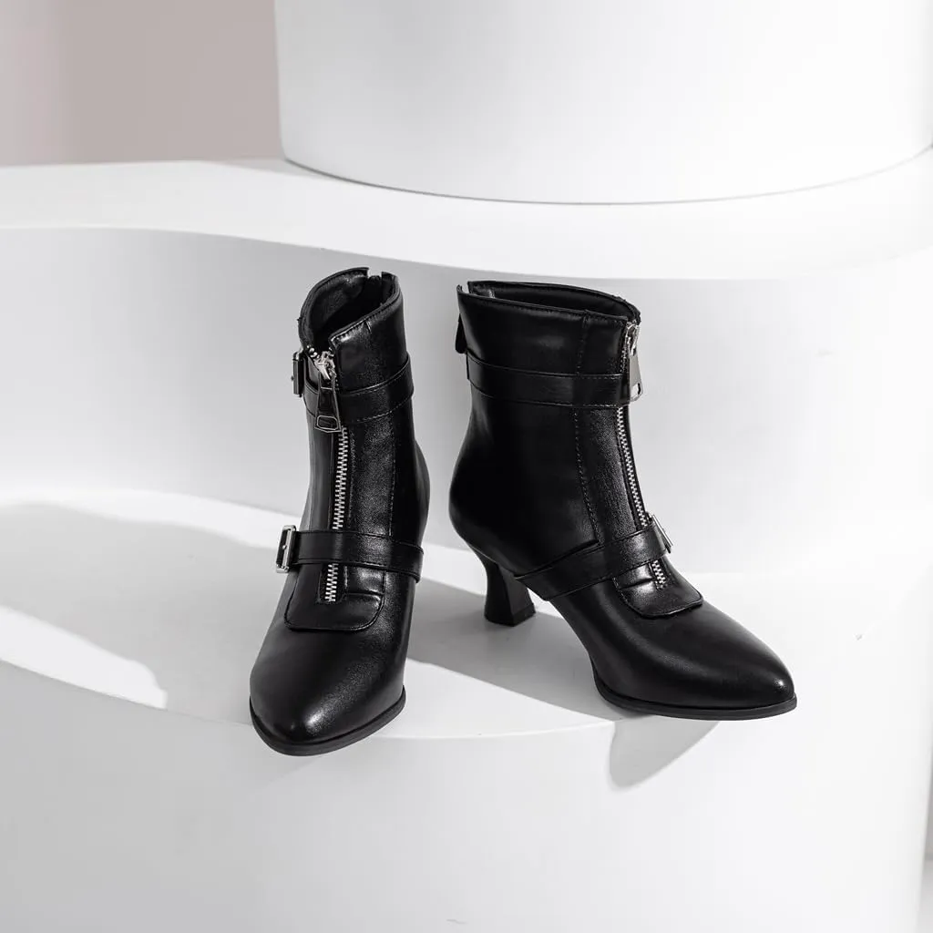 Women's Pointed Toe Kitten Low Heels Ankle Booties Buckle Zipper Winter Elegant Dressy Short Boots