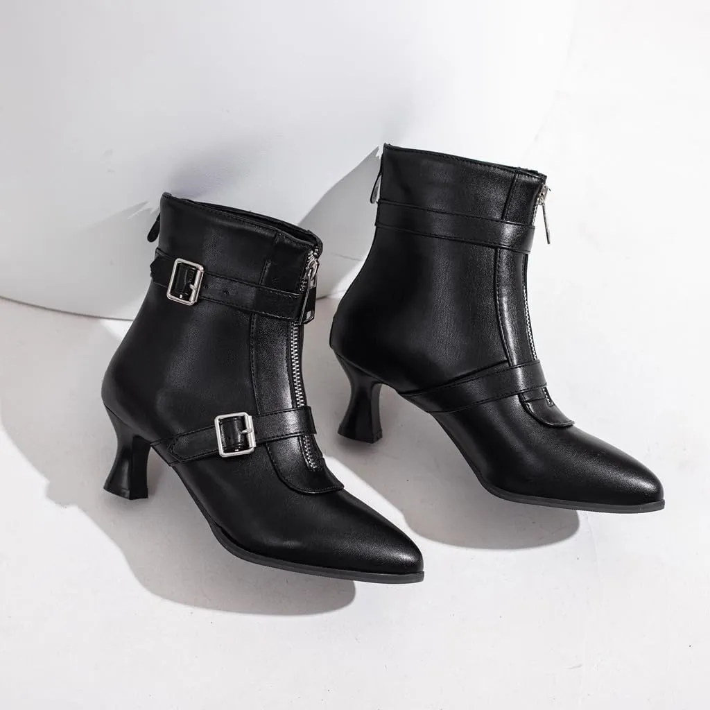 Women's Pointed Toe Kitten Low Heels Ankle Booties Buckle Zipper Winter Elegant Dressy Short Boots