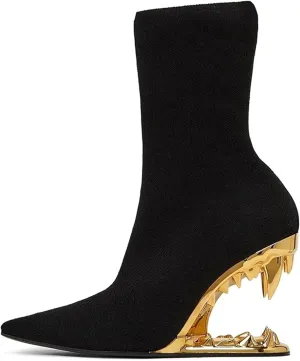 Women's Pointed Toe Side Zipper Ankle Boots Metallic Mirror Tiger Tooth High Heels