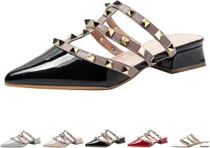 Women's Pointed Toe Studded Mules Backless Slip on Outdoor Shoes Chunky Low Heels Slip-On Pump Party Dress Low Heels Sandals