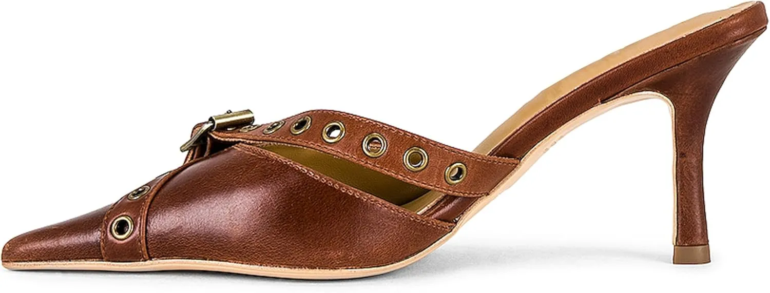 Women's Pointy Heeled Sandals, Slip On Studded Kitten Heels, Cross Buckle Heeled Mules, Summer Party Bride Wedding Pump Shoes, 3.25IN