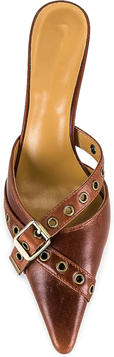 Women's Pointy Heeled Sandals, Slip On Studded Kitten Heels, Cross Buckle Heeled Mules, Summer Party Bride Wedding Pump Shoes, 3.25IN