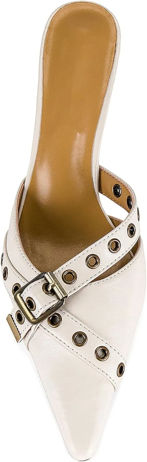 Women's Pointy Heeled Sandals, Slip On Studded Kitten Heels, Cross Buckle Heeled Mules, Summer Party Bride Wedding Pump Shoes, 3.25IN