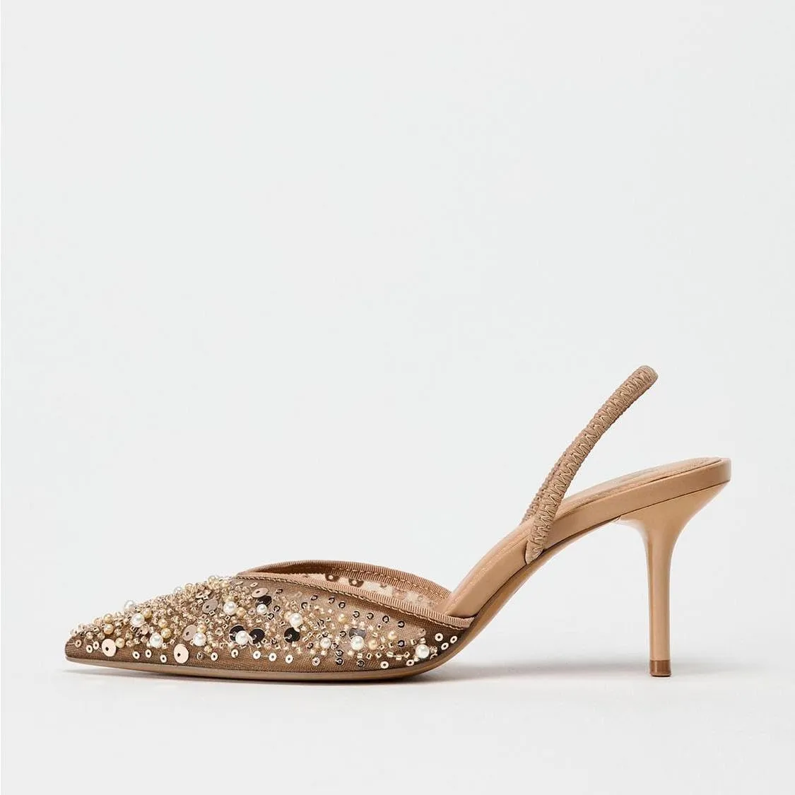 Women's Pointy Toe Slingback Heels Pearl Kitten Heels Sparkly Rhinestone Heeled Sandals Slip On Wedding Party Shoes