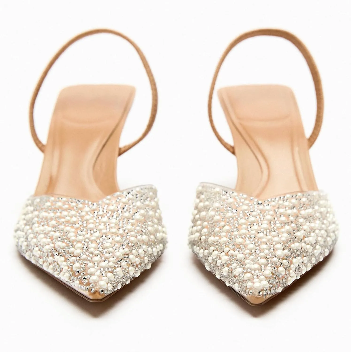 Women's Pointy Toe Slingback Heels Pearl Kitten Heels Sparkly Rhinestone Heeled Sandals Slip On Wedding Party Shoes
